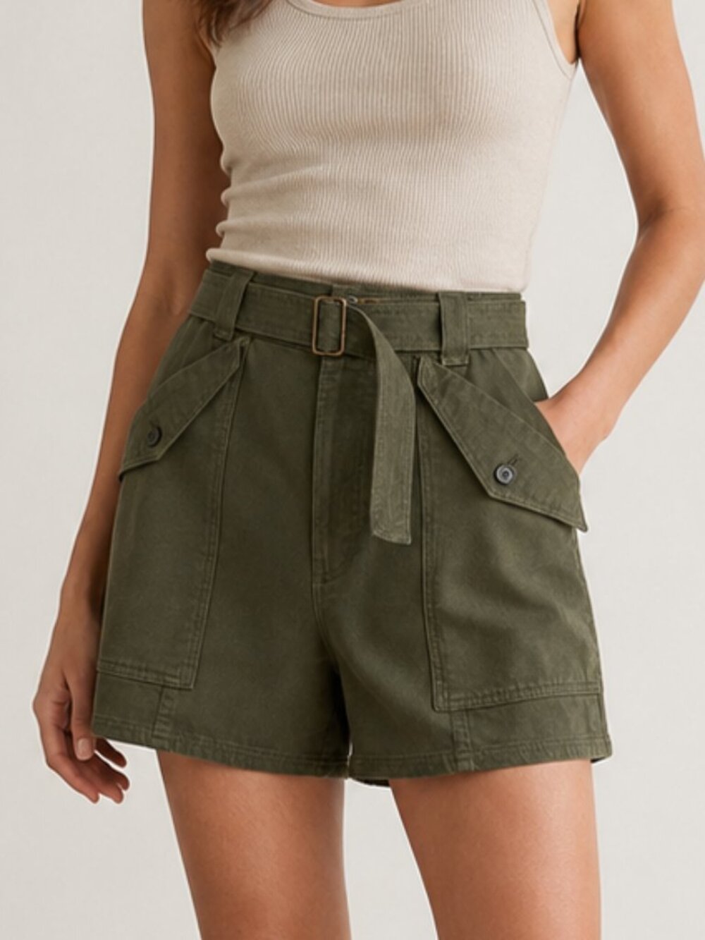Banana Republic NEW Olive Green High Waisted Belted Utility Shorts SZ 12 Cotton